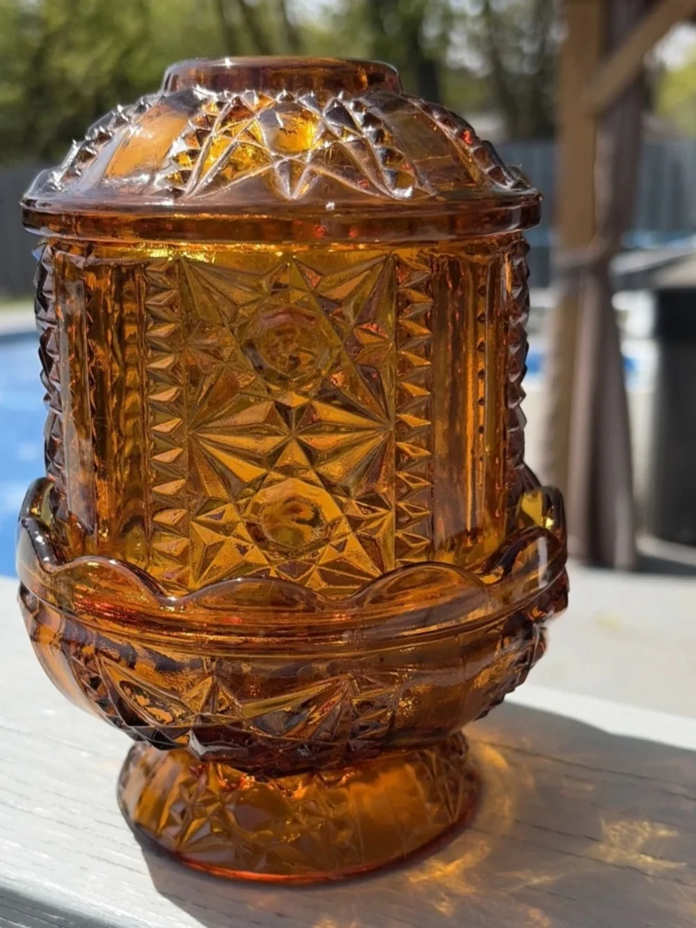 Vintage Golden Amber Indiana Glass Stars & Bars Fairy Lamp 6.5” MCM Candle Light
